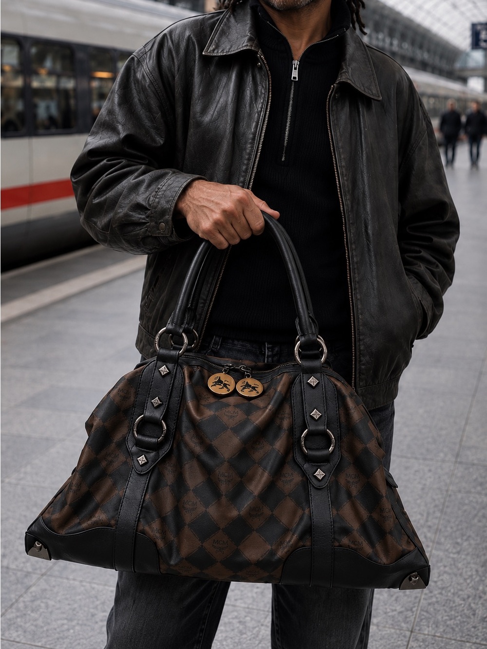 MCM XL Monogram Tote Bag Brown Black Cognac Oversized Travel Bag Luxury Designer